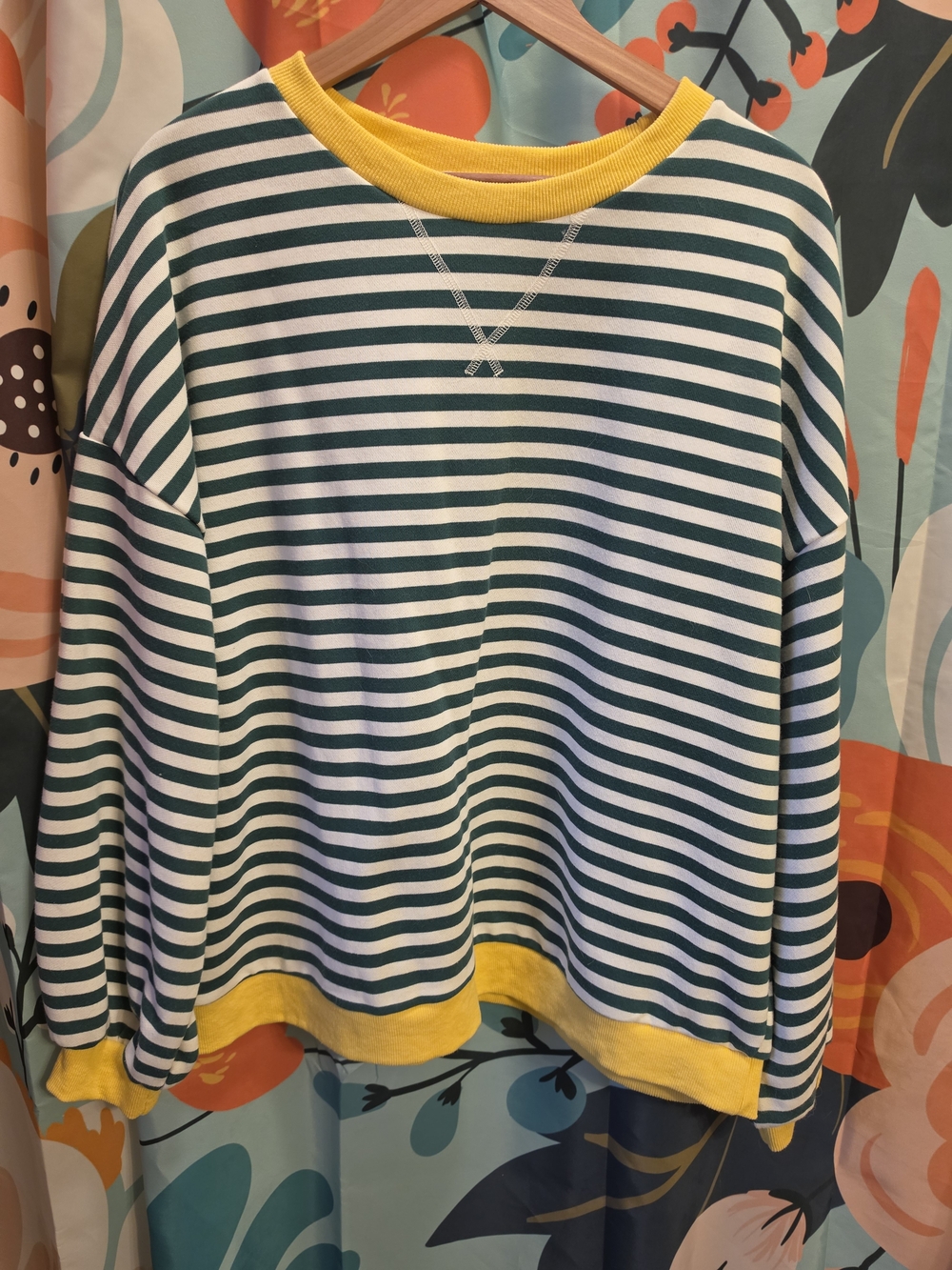 UE Green and White Striped Sweatshirt with Yellow Trim